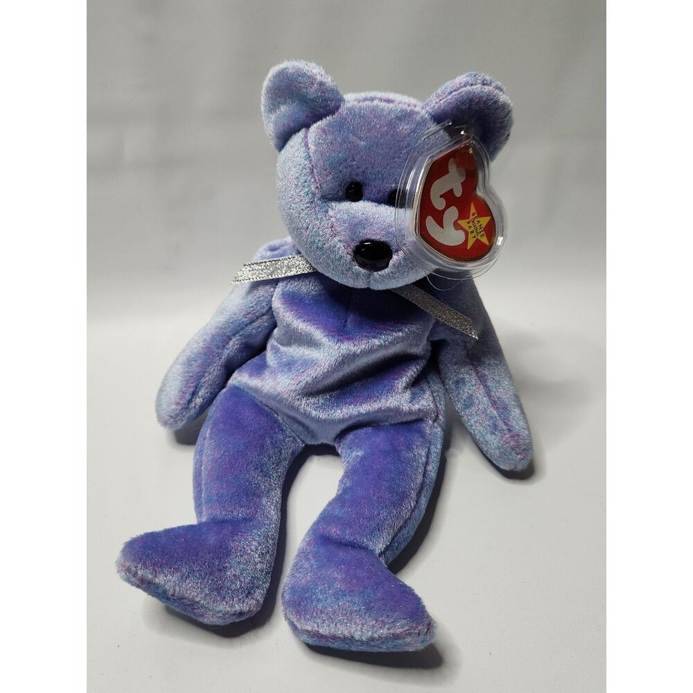 Ty Beanie Baby Clubby – 1999 – Purple/Blue Plush Bear with Silver Ribbon